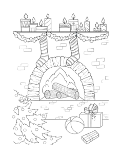 Christmas Fireside Tree Gifts Stockings Winter Kids Coloring Pages Pdf, Free Vectors File